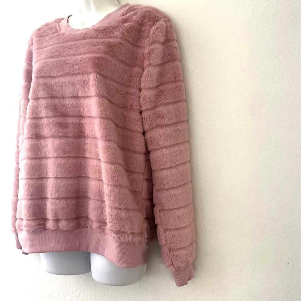 TRIXIE + LULU Blush Pink Faux Fur Ribbed Sweater Top Cozy Plush Large - Picture 2 of 8